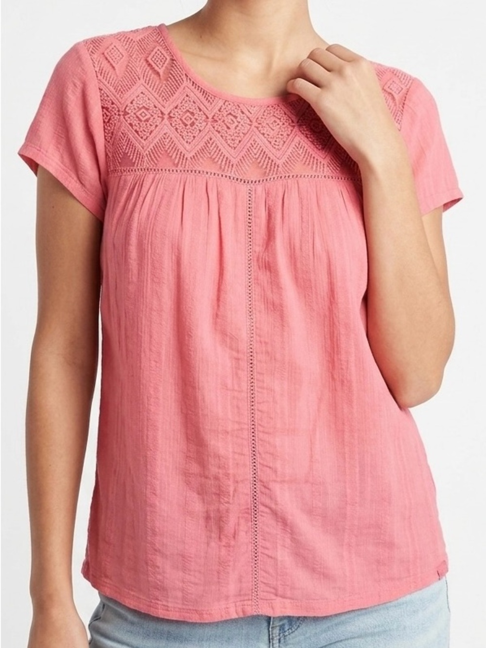 prAna Organic Cotton Lace Kora Top in Coral - Boho Artisanal Chic - Size XS